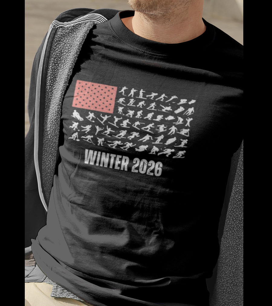 Patriotic USA Winter Sports 2026 Flag Skier Snowboarder T-Shirt