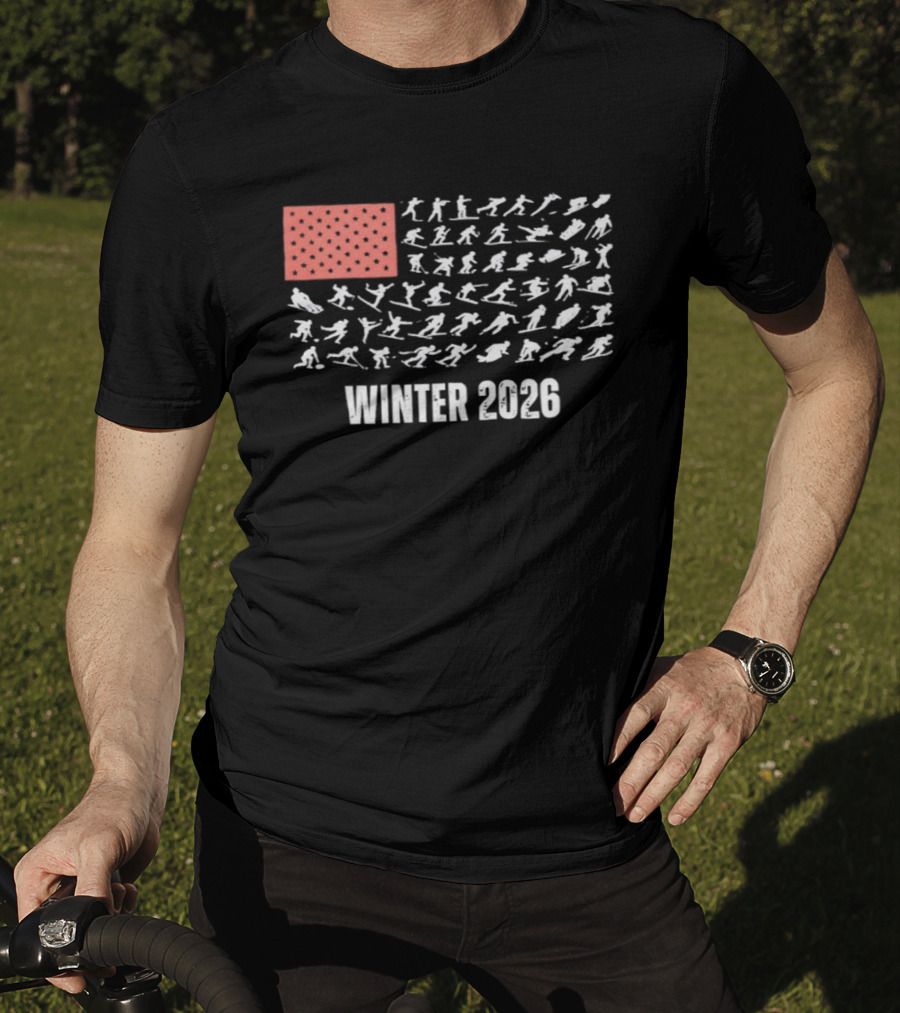 Patriotic USA Winter Sports 2026 Flag Skier Snowboarder T-Shirt