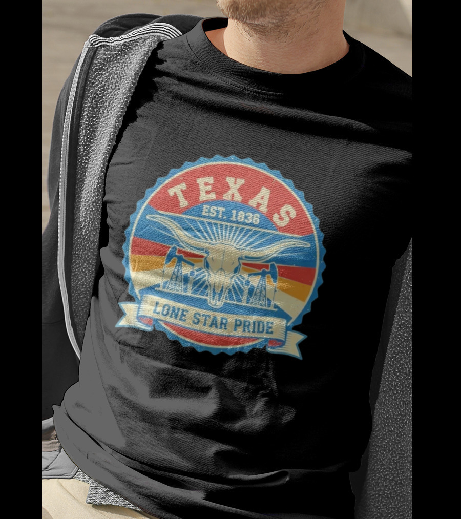 Texas EST 1836 Lone Star Pride Oil Derrick Longhorn T-Shirt