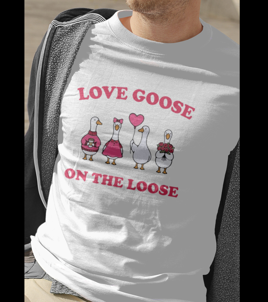 Love Goose On The Loose Valentine Geese With Hearts And Flowers T-Shirt