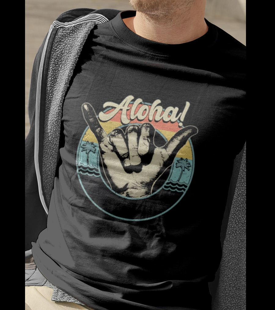Aloha Shaka Hand Gesture Tropical Sunset With Palm Trees T-Shirt
