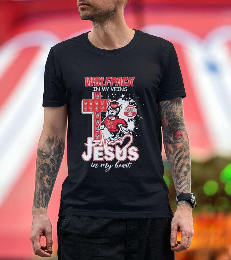 NC State Wolfpack In My Veins Jesus In My Heart Faithful Cross T-Shirt