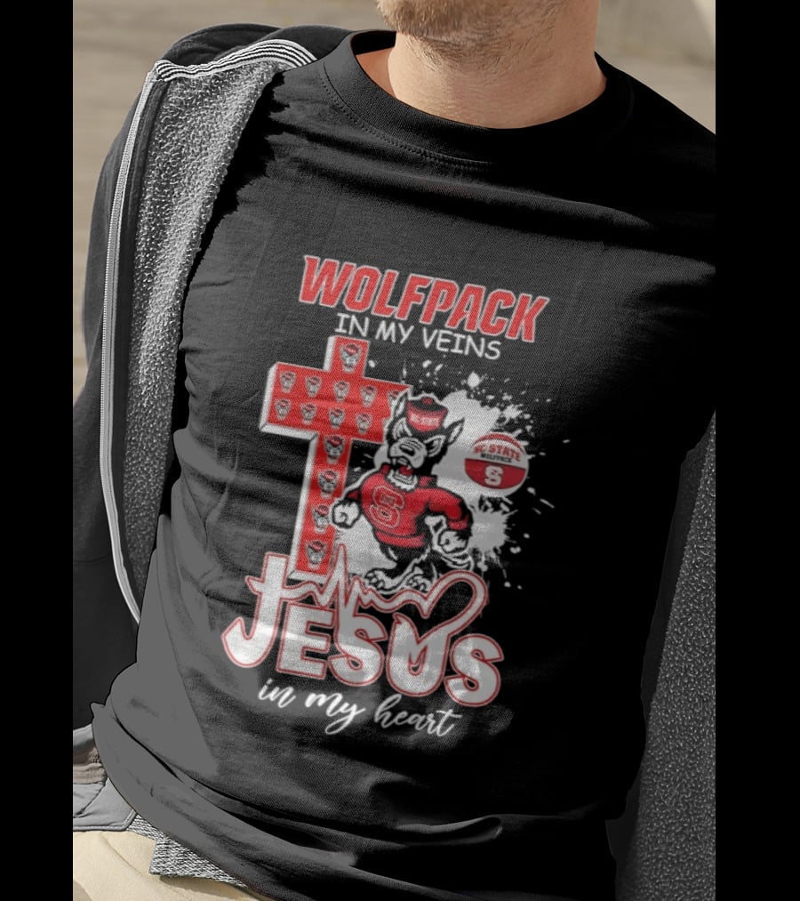 NC State Wolfpack In My Veins Jesus In My Heart Faithful Cross T-Shirt