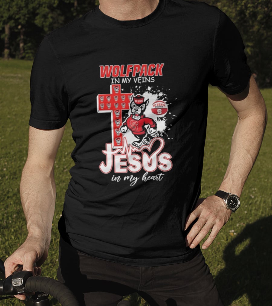 NC State Wolfpack In My Veins Jesus In My Heart Faithful Cross T-Shirt