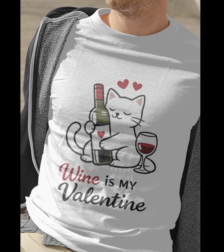 Cat Wine Is My Valentine With Hearts And Wine Glass T-Shirt