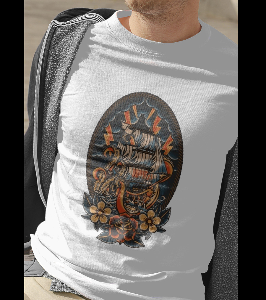 Kraken Sailboat Flower American Traditional Lightning Tattoo T-Shirt