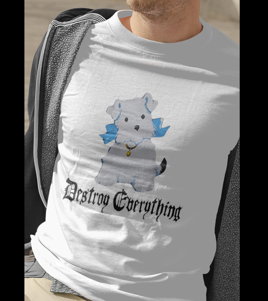 Puppy Destroy Everything Cute Dog Illustration With Blue Ribbon T-Shirt