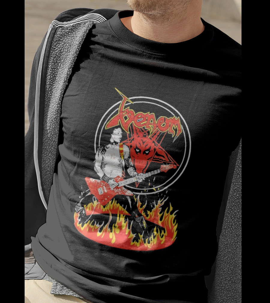 Venom Red Demon Guitarist Flaming Circle T-Shirt