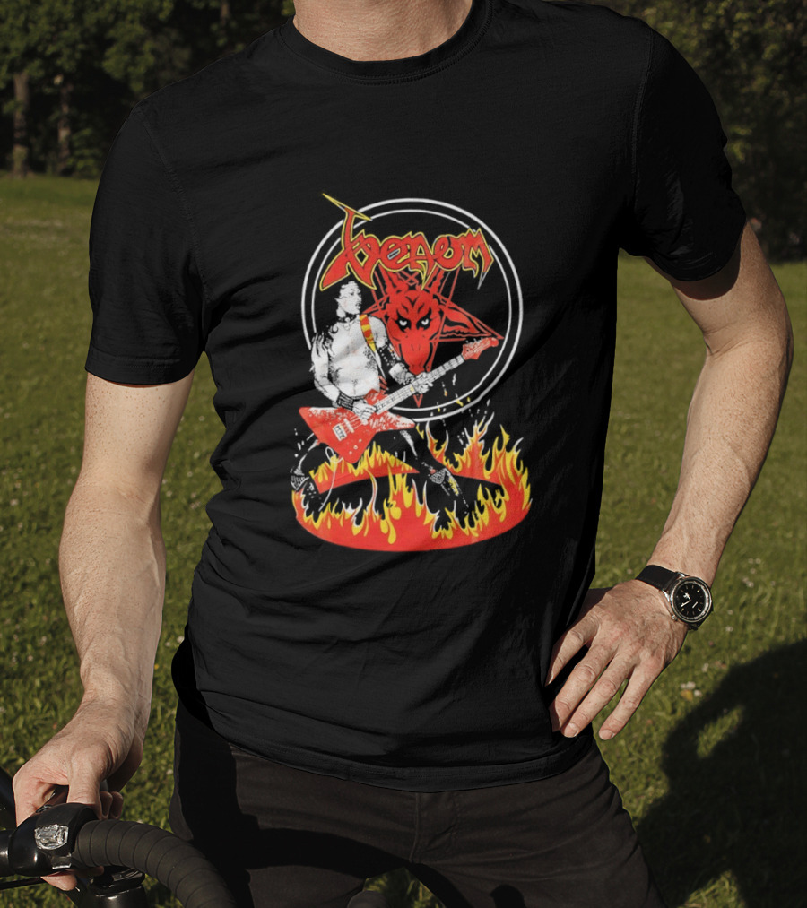 Venom Red Demon Guitarist Flaming Circle T-Shirt