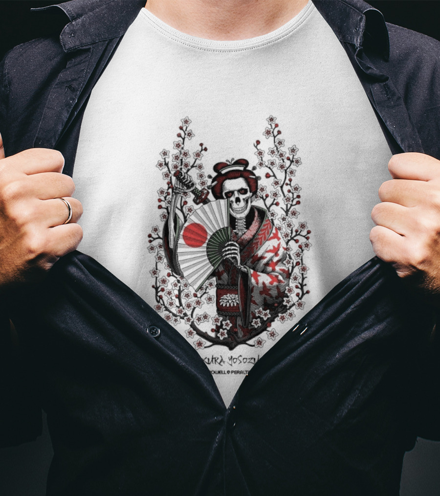 Skeleton Powell Peralta Sakura Yosozumi Samurai With Roses And Fan T-Shirt
