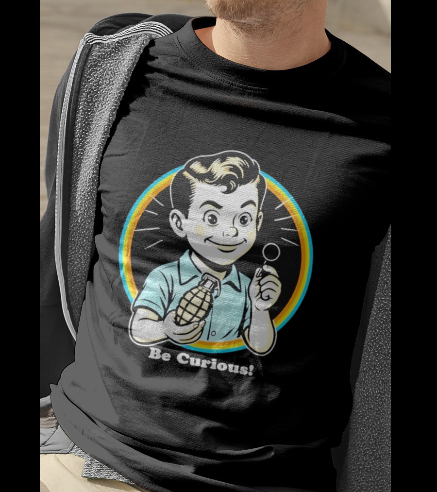 Be Curious Retro Comic Style Boy Holding Grenade And Pin T-Shirt