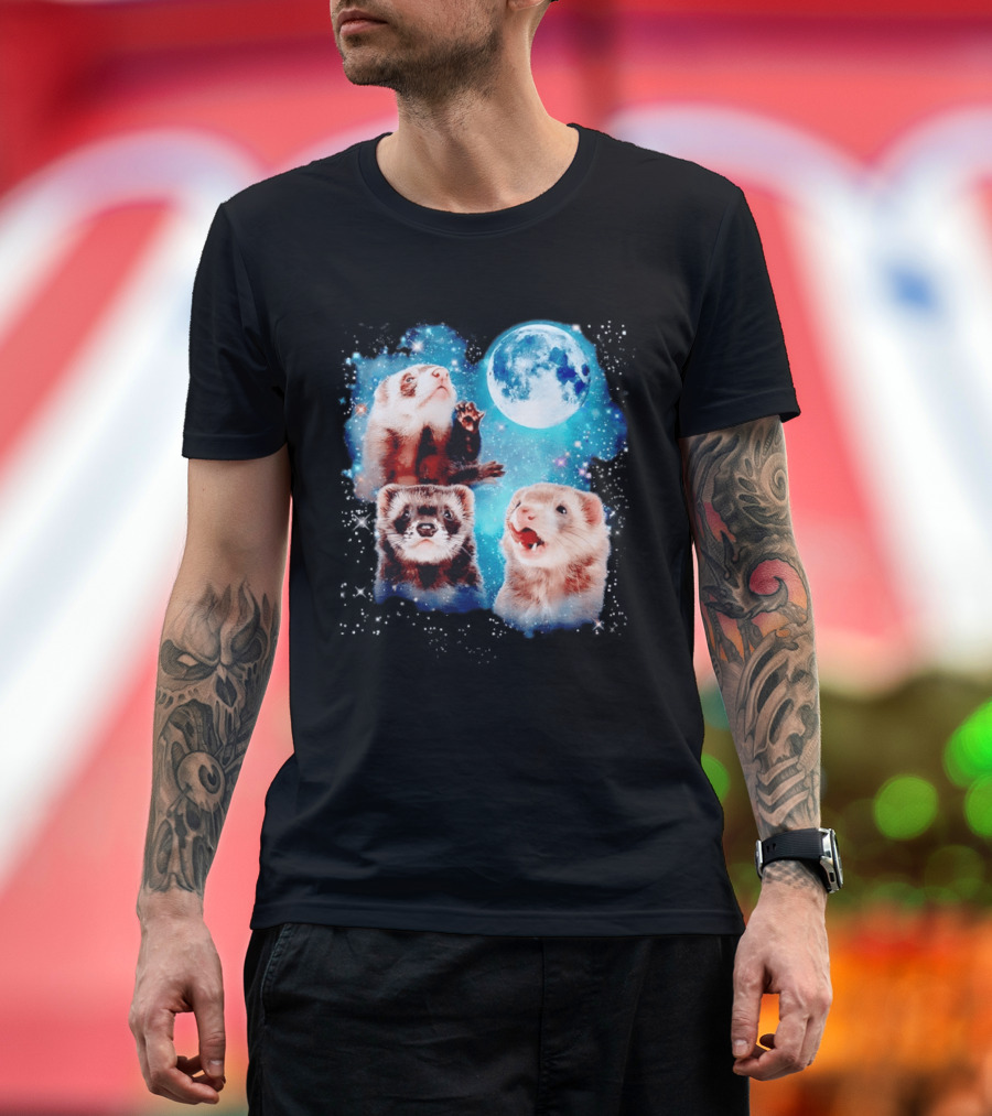 Ferret Trio With Full Moon And Starlit Sky T-Shirt
