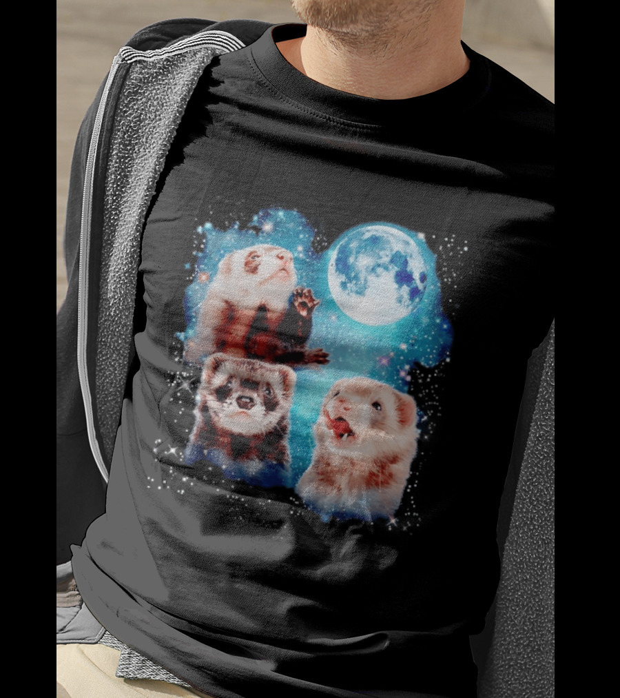 Ferret Trio With Full Moon And Starlit Sky T-Shirt