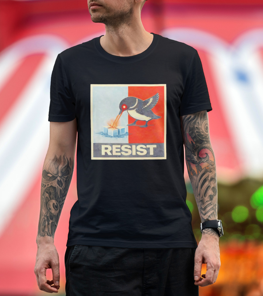 Resist Penguin Melting Ice Laser Eyes Red Blue Split T-Shirt