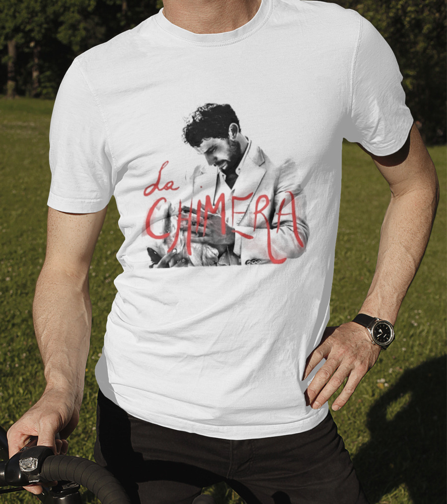 La Chimera Film Red Neon Style Text Over Mysterious Figure T-Shirt
