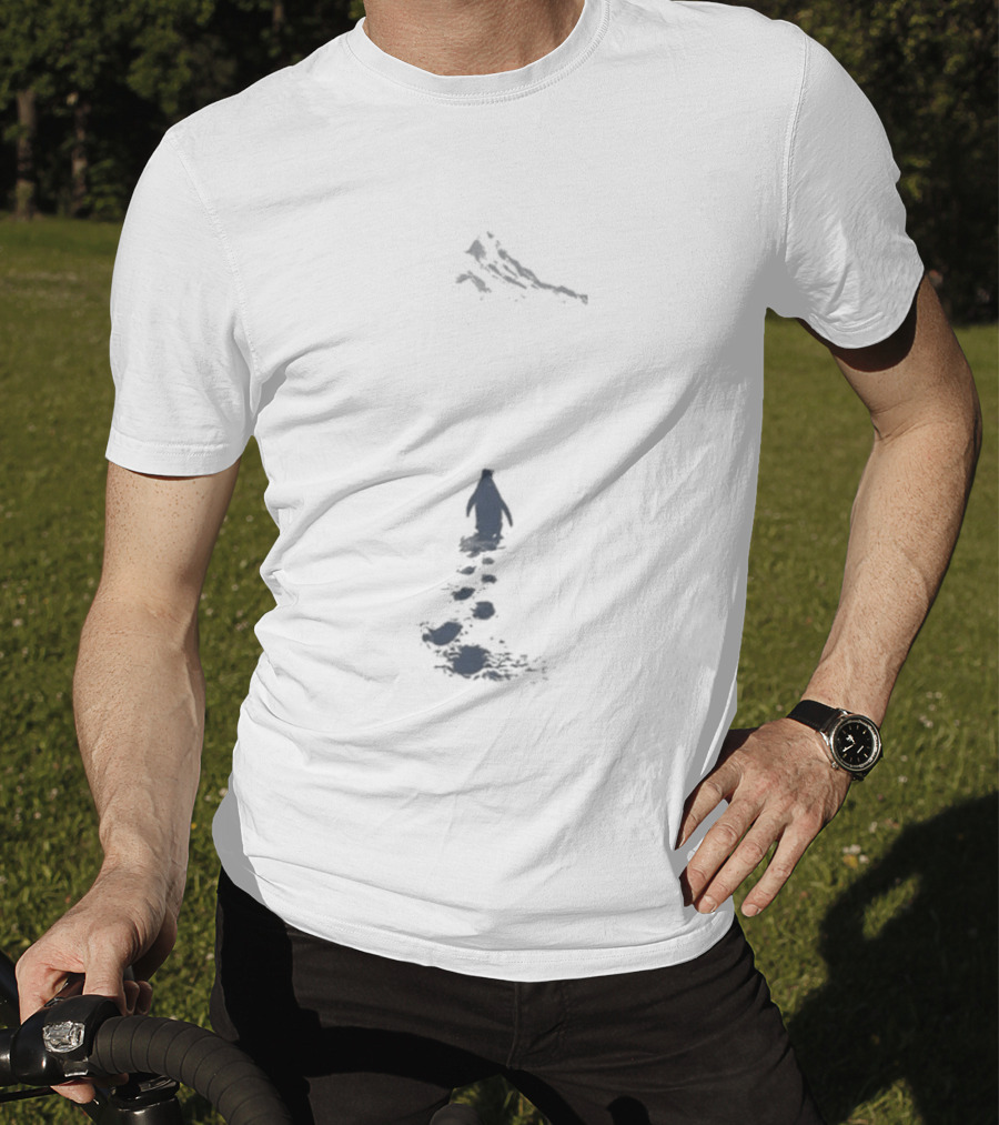 Nihilist Penguin Following Footprints Across White Snow T-Shirt