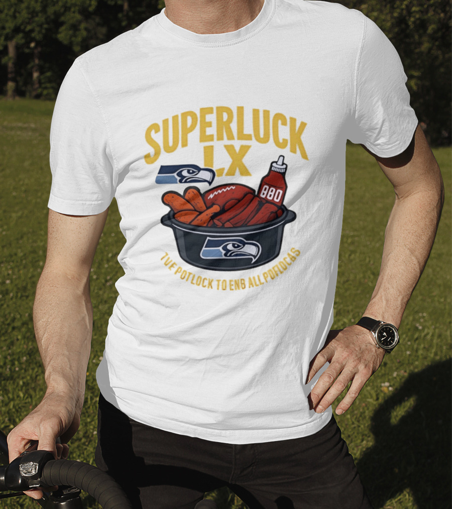 SuperLuck LX Seattle Seahawks Potluck BBQ Football T-Shirt
