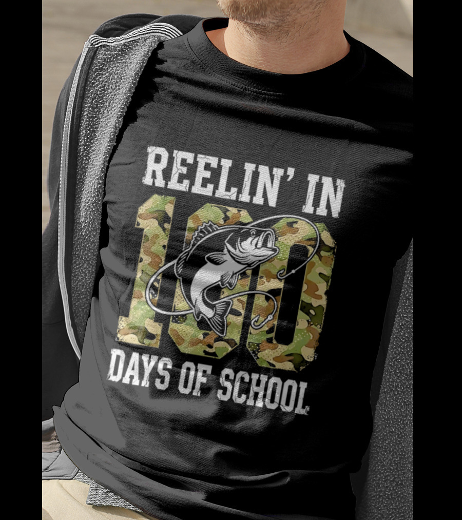 Reelin' In 100 Days Of School Bass Camo Fishing T-Shirt