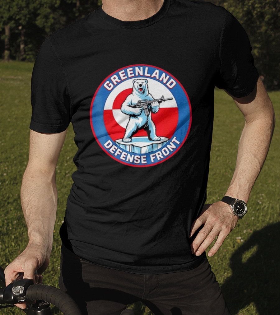 Greenland Defense Front Grumpy Polar Bear Holding Rifle T-Shirt
