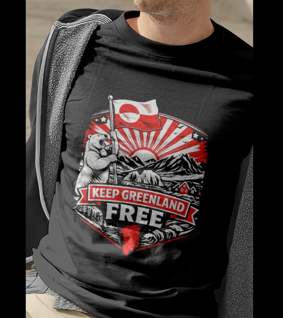 Polar Bear Holding Flag Keep Greenland Free Mountains And Sunburst T-Shirt