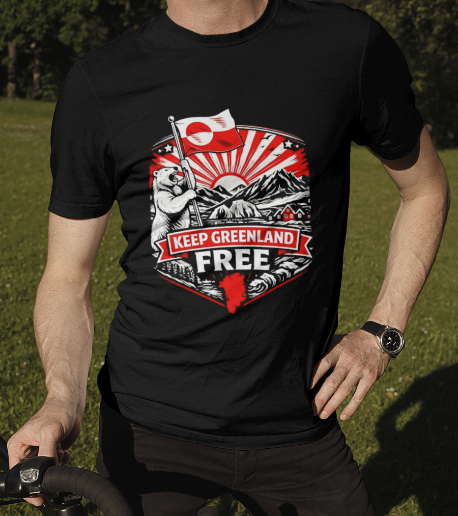 Polar Bear Holding Flag Keep Greenland Free Mountains And Sunburst T-Shirt