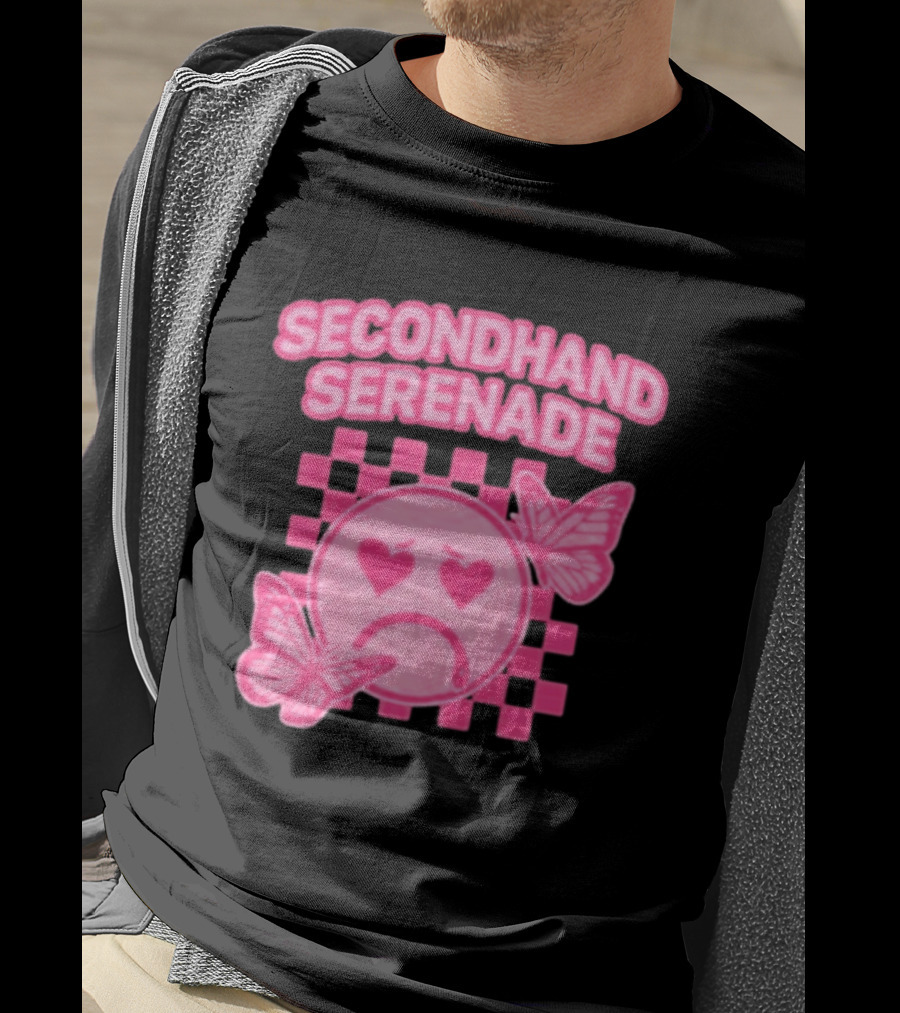 Secondhand Serenade Sad Emo Pink Heartbroken Face With Butterflies T-Shirt
