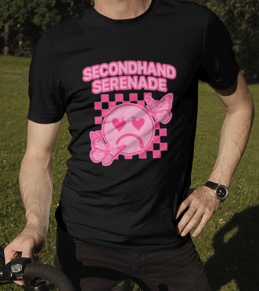 Secondhand Serenade Sad Emo Pink Heartbroken Face With Butterflies T-Shirt