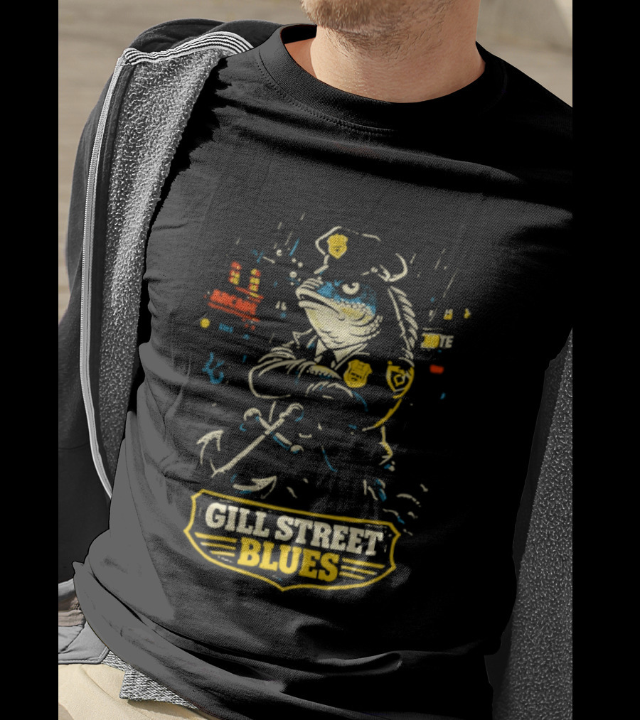 Gill Street Blues Police Fish Retro Cartoon T-Shirt