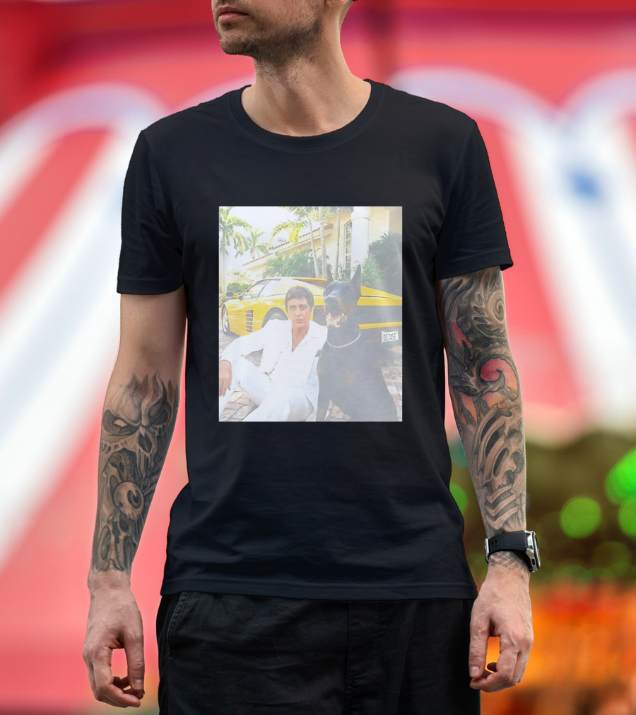 Tony Montana With Dog In Front Of Yellow Sports Car Scene From Scarface T-Shirt