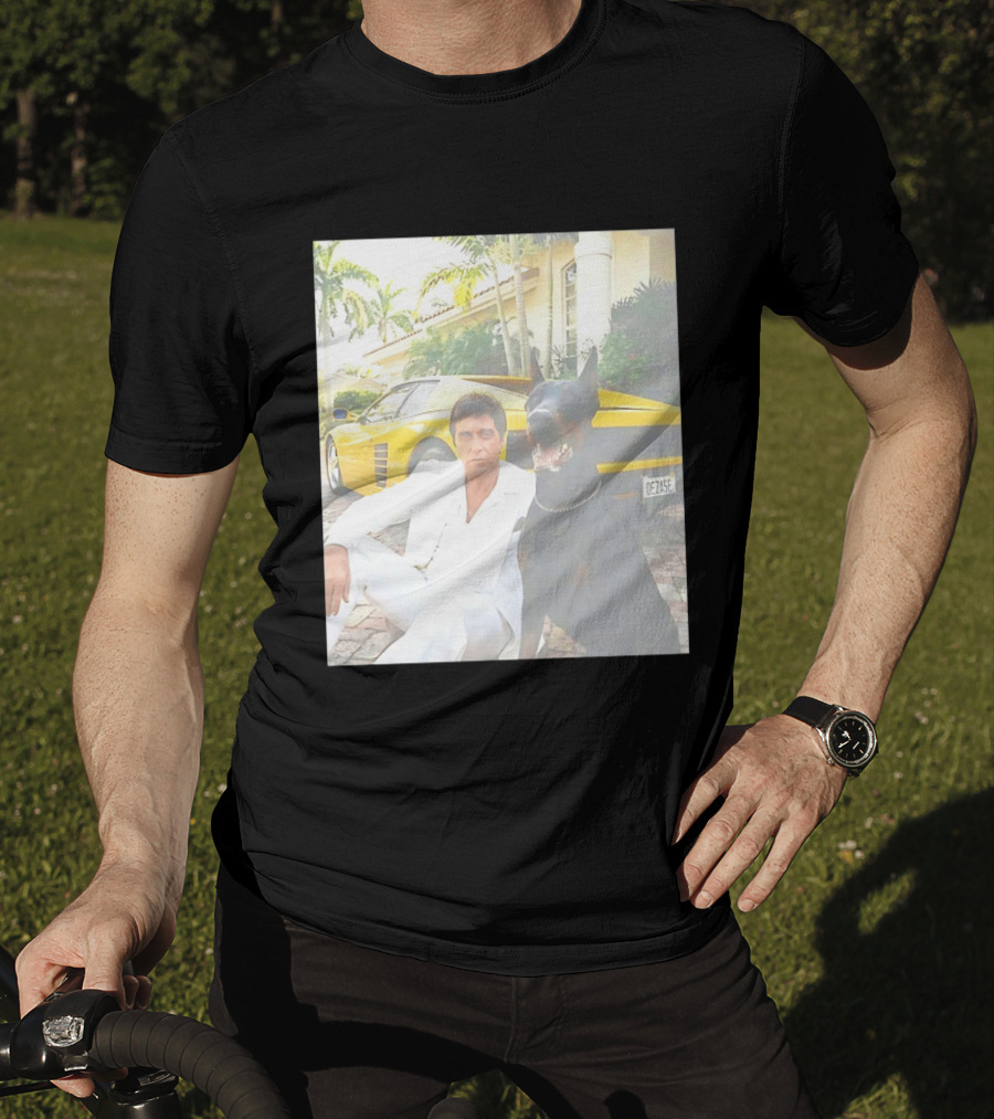 Tony Montana With Dog In Front Of Yellow Sports Car Scene From Scarface T-Shirt