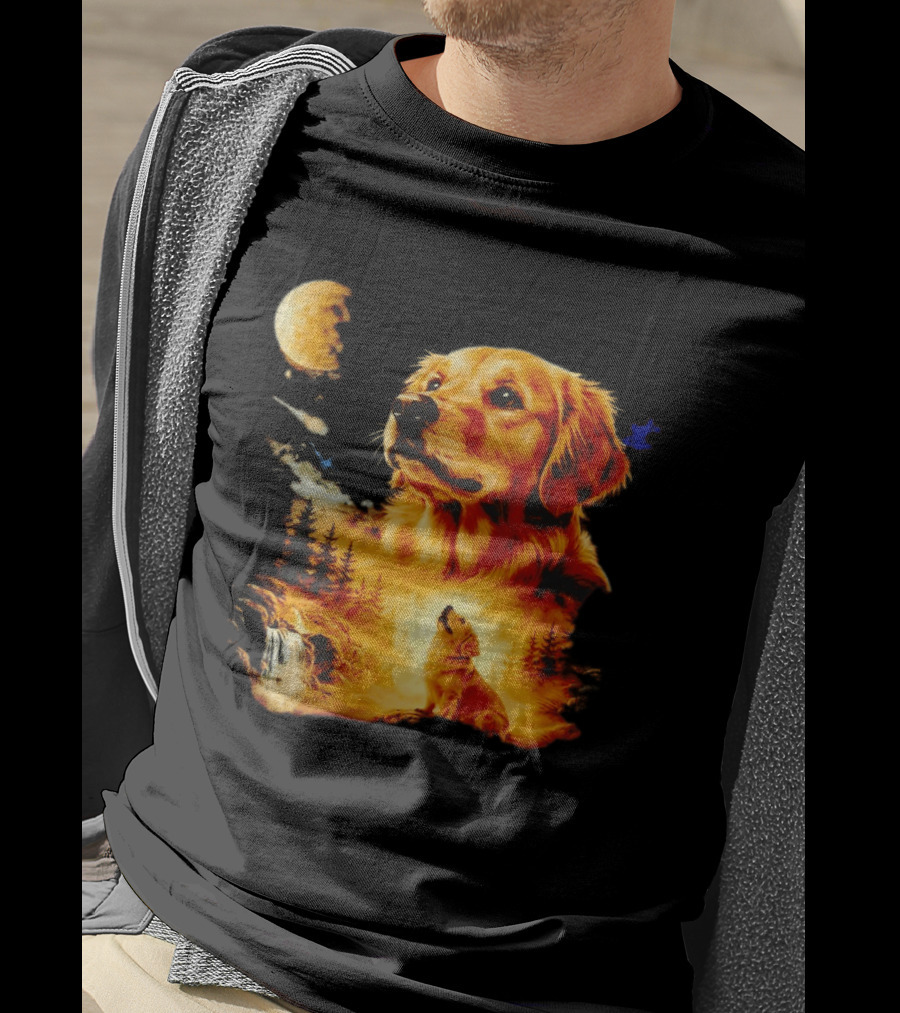 Golden Retriever Majestic Night Howl At Moonlit Waterfall T-Shirt