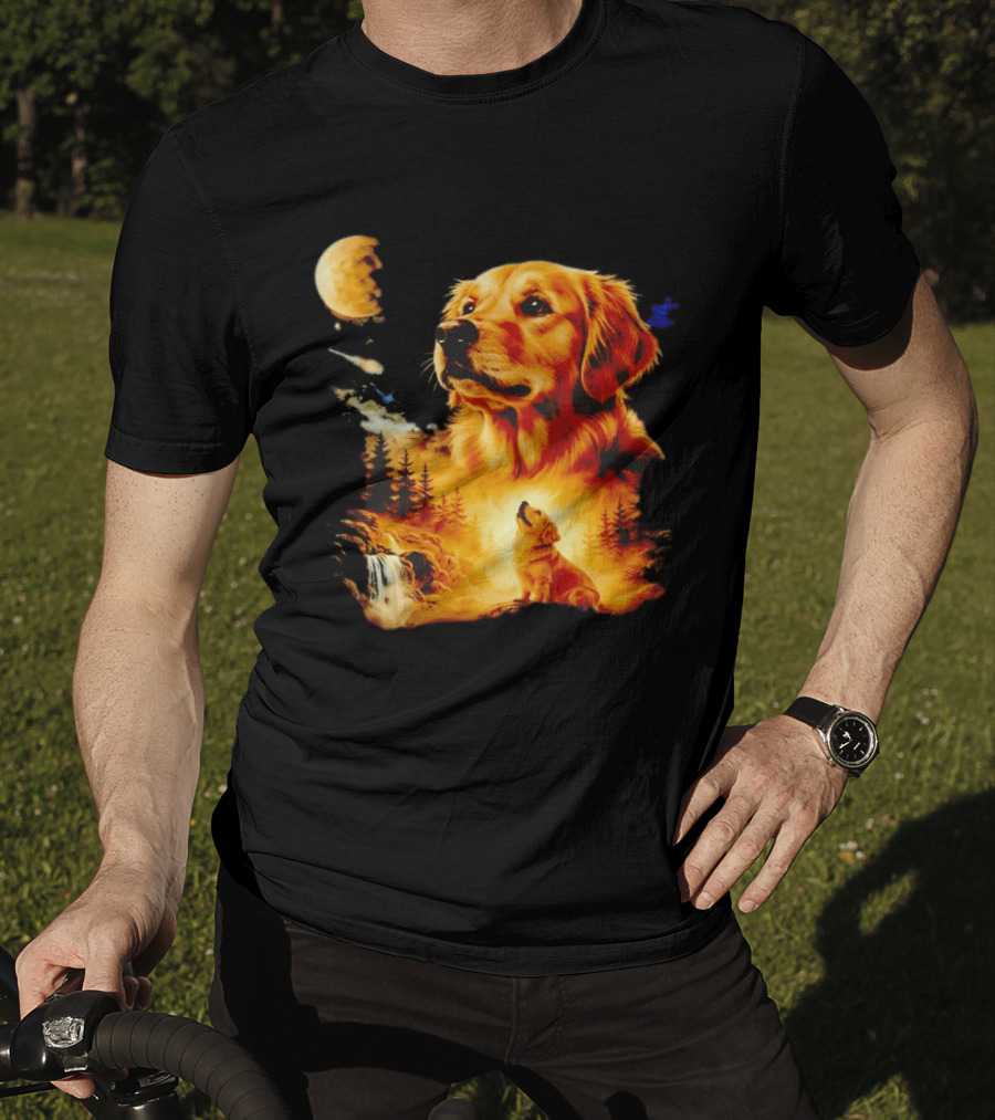 Golden Retriever Majestic Night Howl At Moonlit Waterfall T-Shirt