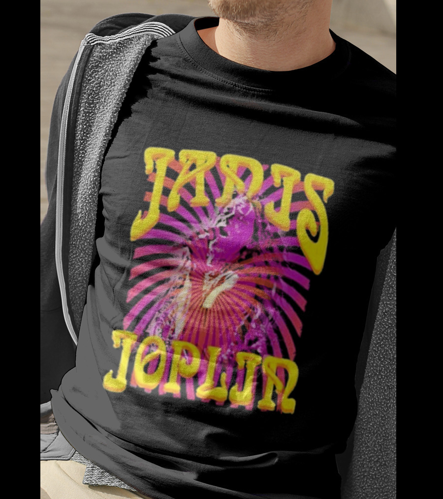 Janis Joplin Psychedelic Swirl Vibrant Yellow Text Pink Burst T-Shirt