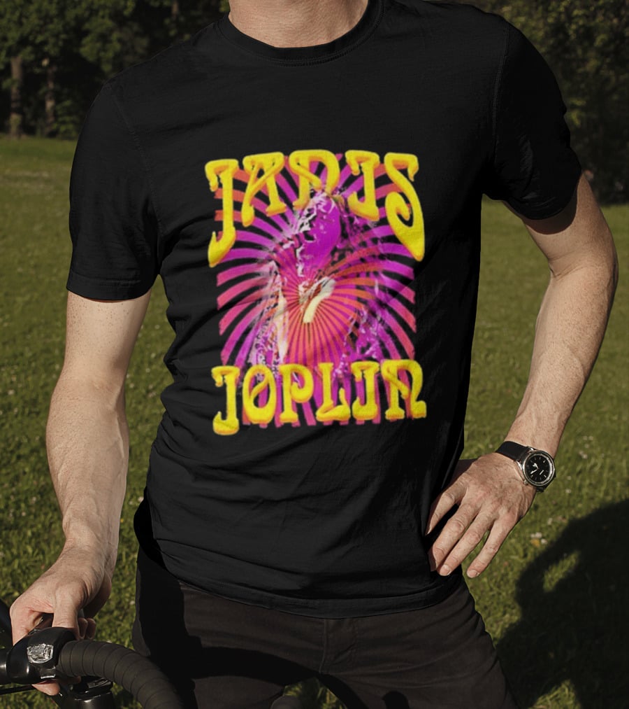 Janis Joplin Psychedelic Swirl Vibrant Yellow Text Pink Burst T-Shirt