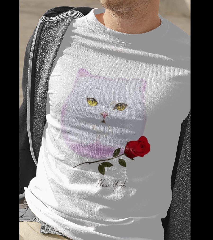 Cat Rose New York White Cat Face Yellow Eyes Red Rose T-Shirt