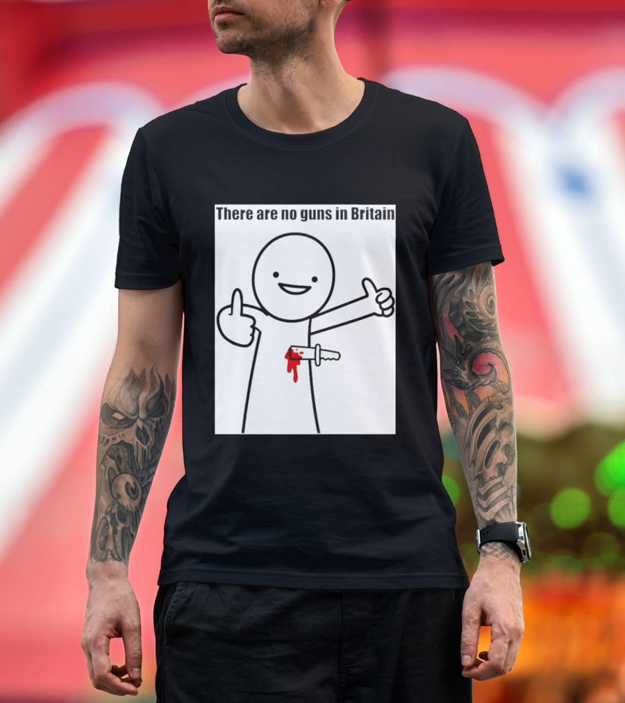 There Are No Guns In Britain Cartoon Knife Joke T-Shirt