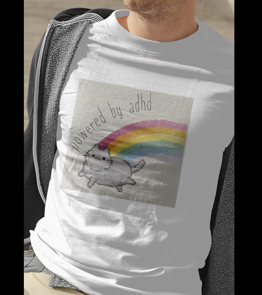 Cat Powered By ADHD Rainbow Cute Cross Stitch Patchwork T-Shirt