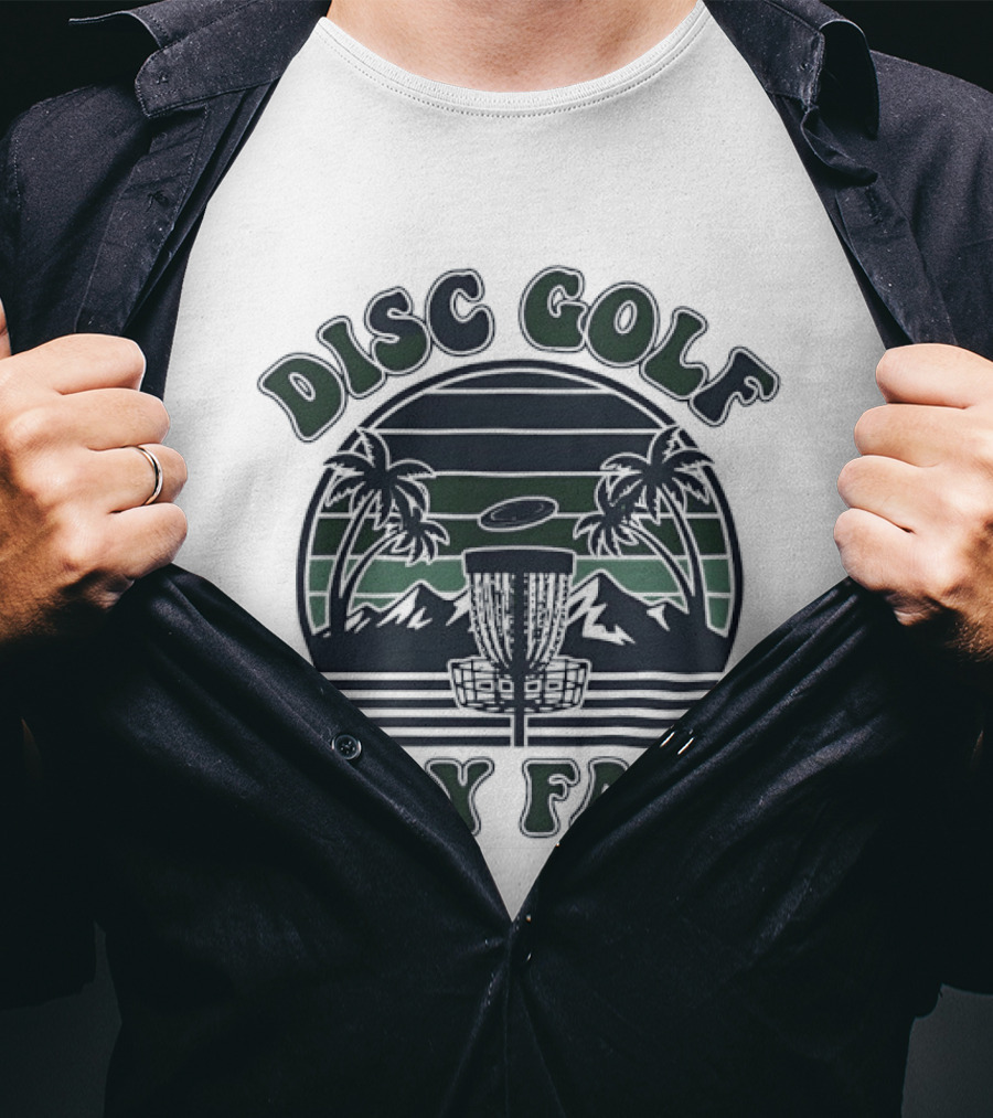 Disc Golf Fly Far Sunset Palm Trees Mountains T-Shirt