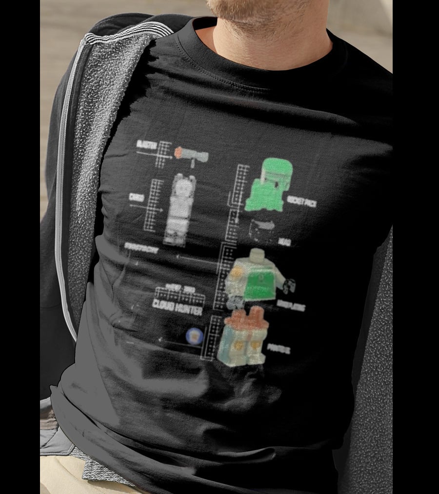 Studstache Cloud Hunter Blueprint With Block Figures And Sci Fi T-Shirt
