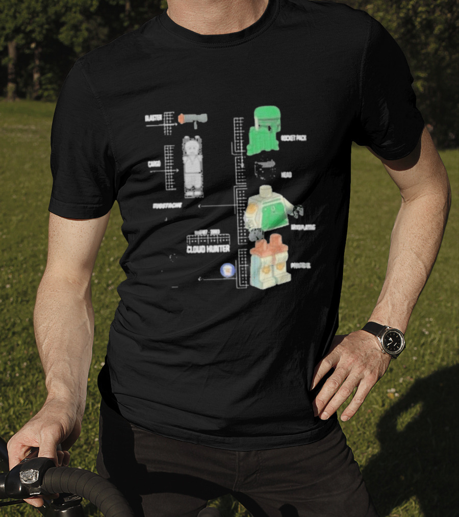 Studstache Cloud Hunter Blueprint With Block Figures And Sci Fi T-Shirt