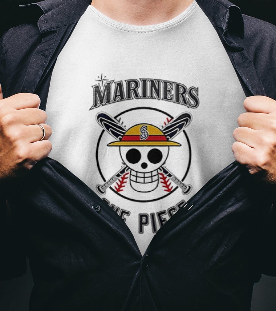 Seattle Mariners One Piece Crossover Collaboration Skull Hat Bats T-Shirt