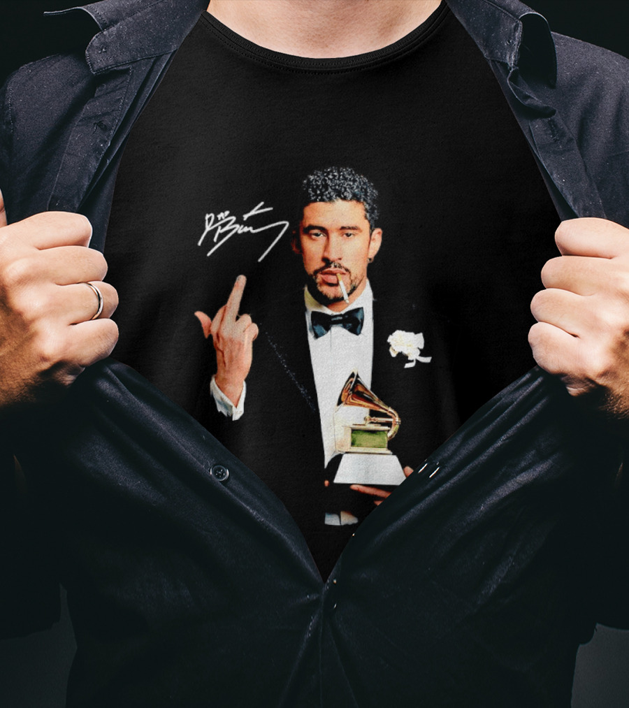 Bad Bunny Smoking Middle Finger Holding Grammy 2026 T-Shirt
