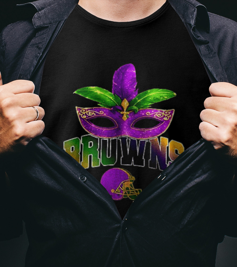 Cleveland Browns Mardi Gras Mask Feathers Football T-Shirt