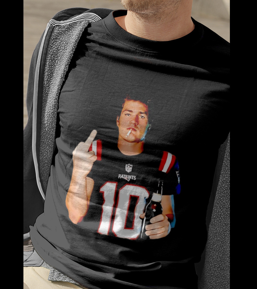 Drake Maye Middle Finger Smoking Holding Beer Can New England Patriots 10 T-Shirt
