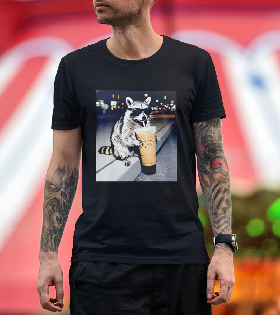 Raccoon Wearing Sunglasses Enjoying Iced Coffee Night Scene T-Shirt