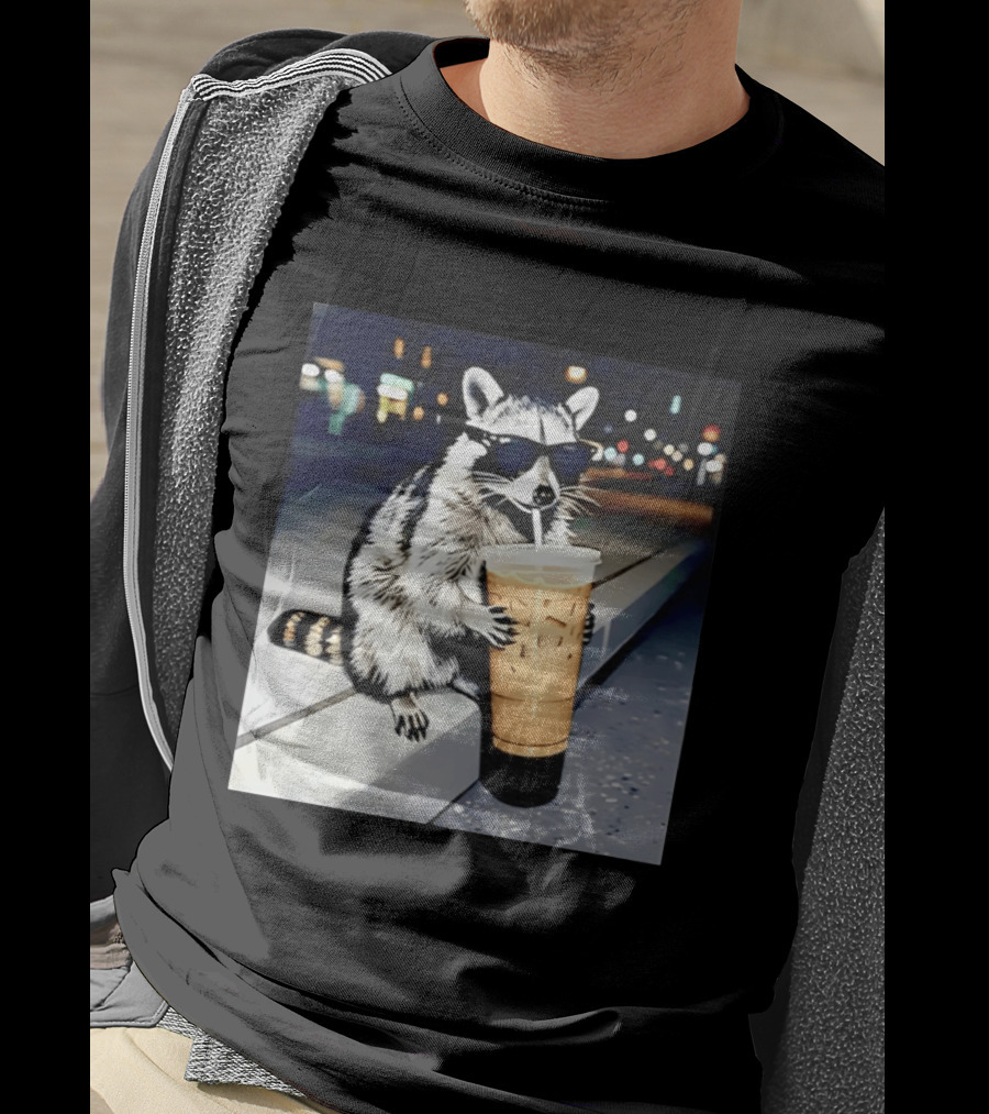 Raccoon Wearing Sunglasses Enjoying Iced Coffee Night Scene T-Shirt