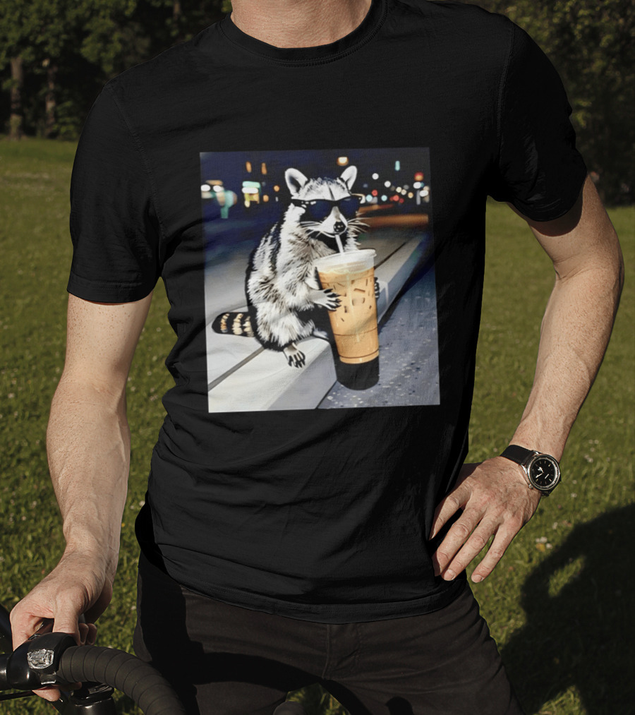 Raccoon Wearing Sunglasses Enjoying Iced Coffee Night Scene T-Shirt
