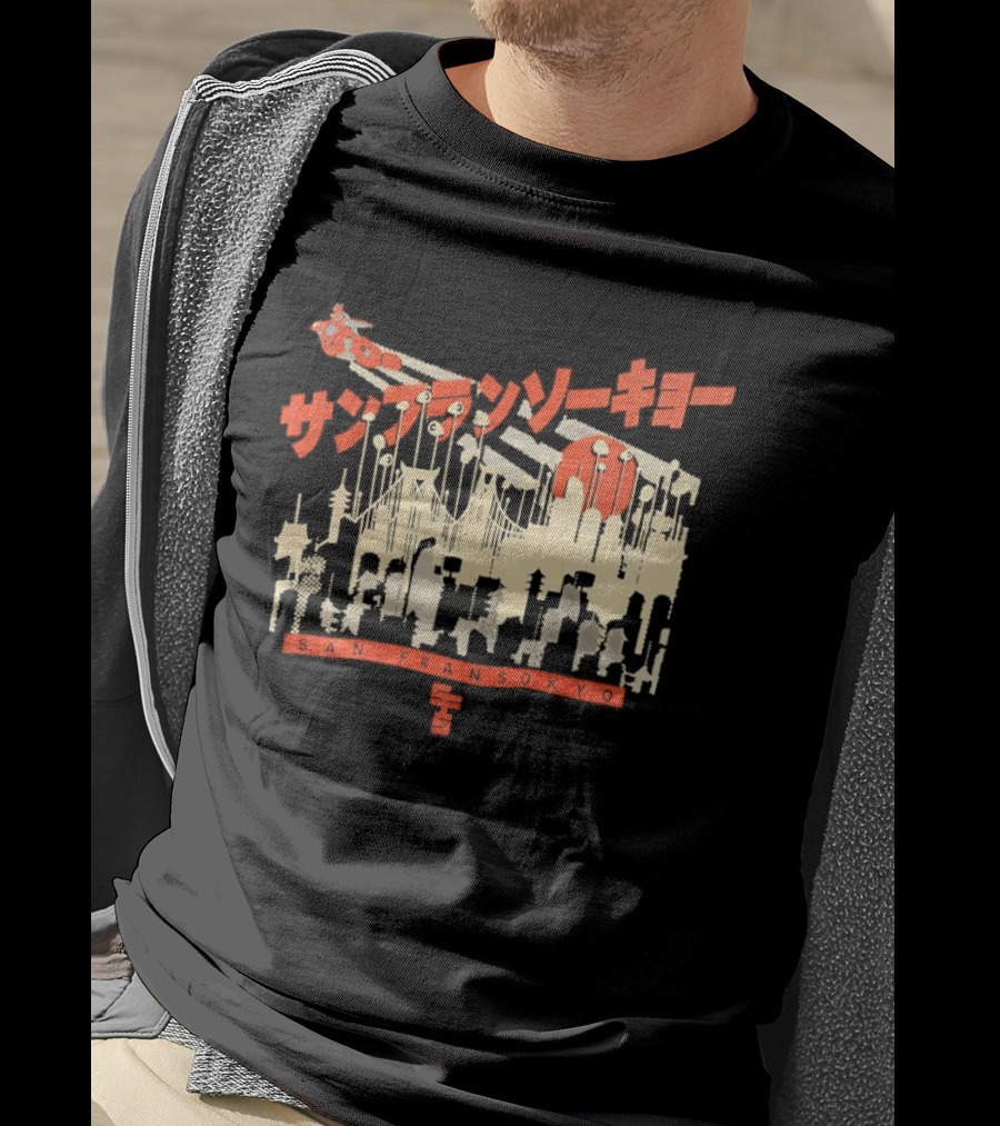 Sanfrasokyo Cityscape Fusion With Japanese Text And Baymax Figure T-Shirt