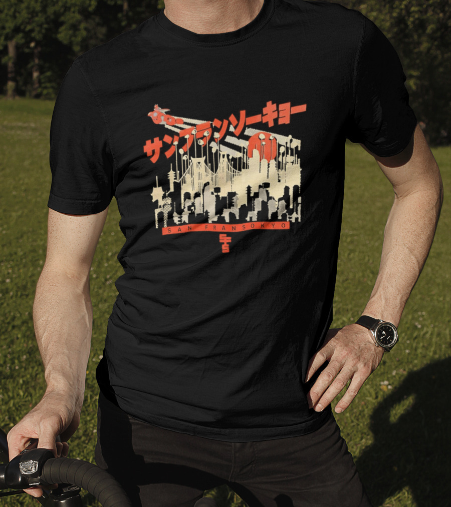 Sanfrasokyo Cityscape Fusion With Japanese Text And Baymax Figure T-Shirt