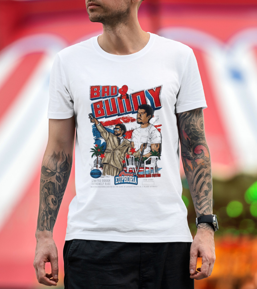 Bad Bunny Tirar Mas Fotos Planet Euphoria Palm Trees Chairs Red White Blue T-Shirt